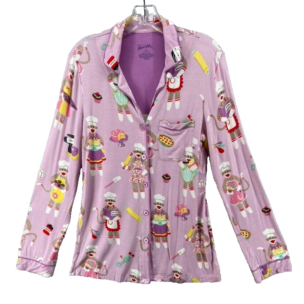 NICK & NORA Pajama Top Womens Sz XS Sock Monkey Baking‎ Multi Color Modal Rayon